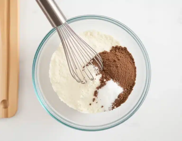 A top-down view of a glass bowl containing almond flour and dark psyllium powder being whisked together, clean kitchen background, professional food photography.