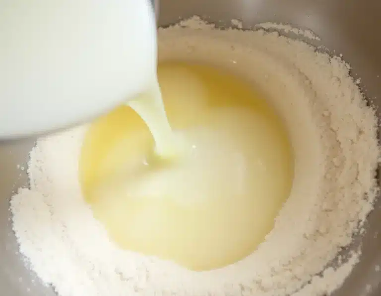 Close-up of egg whites being poured into a bowl of dry keto flour mix, textures showing through.