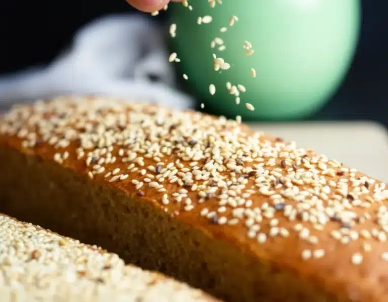 Macro shot of sesame seeds being sprinkled over a raw keto bread loaf, focus on the texture of the seeds.