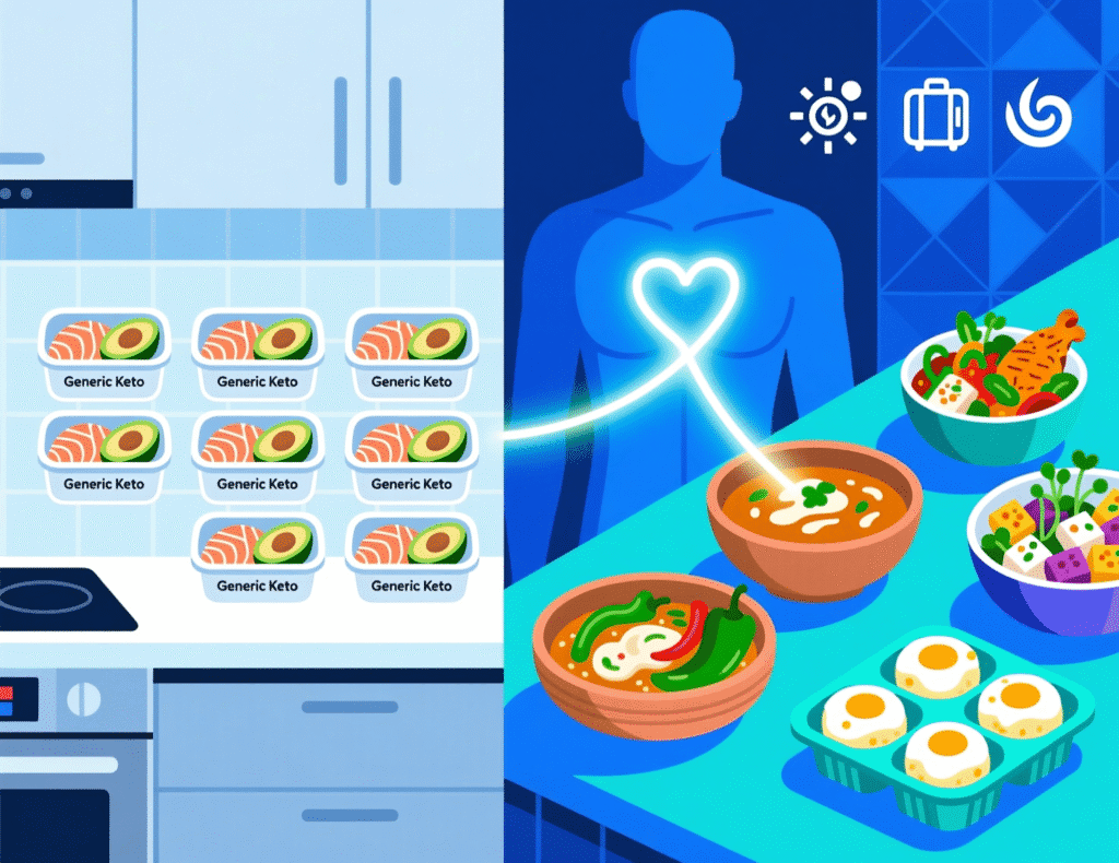 Two contrasting kitchen counters: left side shows identical meal prep containers labeled “Generic Keto,” all containing the same salmon-and-avocado combo; right side shows diverse, colorful meals—chicken stir-fry, dairy-free curry, tofu bowl, egg muffins—each labeled with icons for allergies, travel, taste preferences. A glowing thread connects the right side to a person’s heart.
