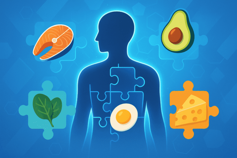 A stylized human silhouette composed of interconnected puzzle pieces, each piece representing a different keto food (salmon, avocado, spinach, egg, cheese) floating around it, with a glowing blue energy field surrounding the figure—symbolizing personalized nutrition. Background: soft gradient blues, abstract geometric shapes suggesting metabolism and flow. Custom Keto Diet