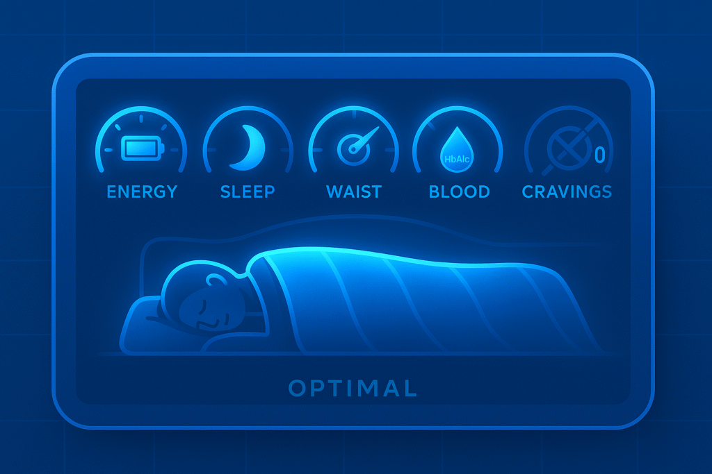 A dashboard with five glowing gauges: Energy (battery icon), Sleep (moon), Waist (tape measure), Blood (drop with HbA1c), Cravings (craving icon fading to zero). All gauges point to “Optimal” in soft blue. Background: minimalist UI in cool tones.
