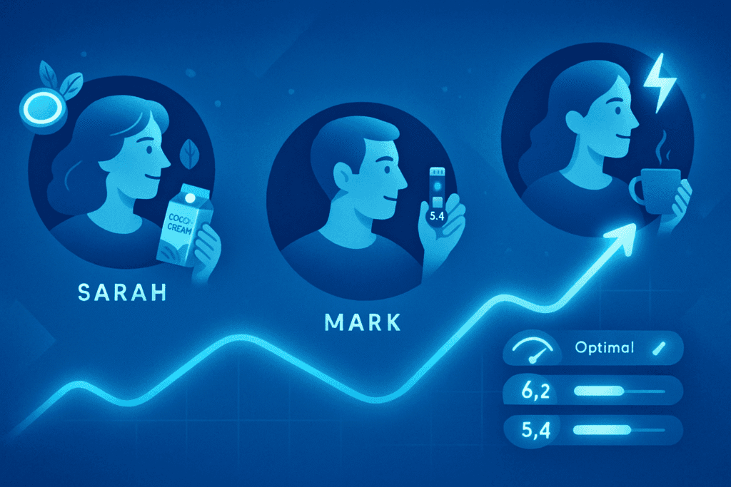 Three floating portrait silhouettes:
Sarah: holding coconut cream carton, surrounded by dairy-free icons (coconut, nutritional yeast)
Mark: holding a blood test strip with HbA1c dropping from 6.2 to 5.4
Lena: holding coffee with MCT oil, energy bolt above her head
All connected by a single blue thread shaped like a rising graph.
