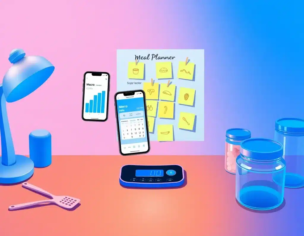 A desktop setup with three floating digital tools:
A calculator with macro bars
A phone showing Cronometer app
A printed meal planner pinned to a board with sticky notes shaped like food icons
All glowing softly in blue, surrounded by silicone spatula, digital scale, and glass containers. Custom Keto Diet 