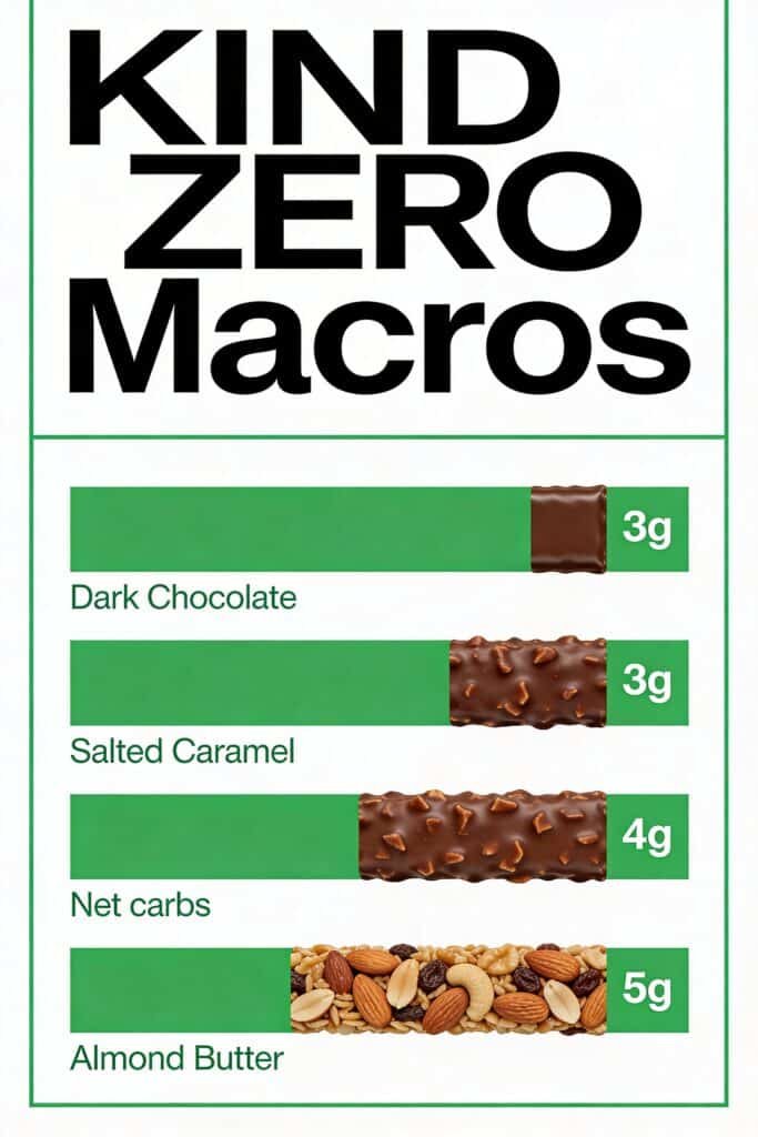 Clean minimalist infographic design showing KIND ZERO macros. Bar chart comparing net carbs across flavors (3-5g range). Nutrition facts style layout in green and white. Professional graphic design, modern typography.