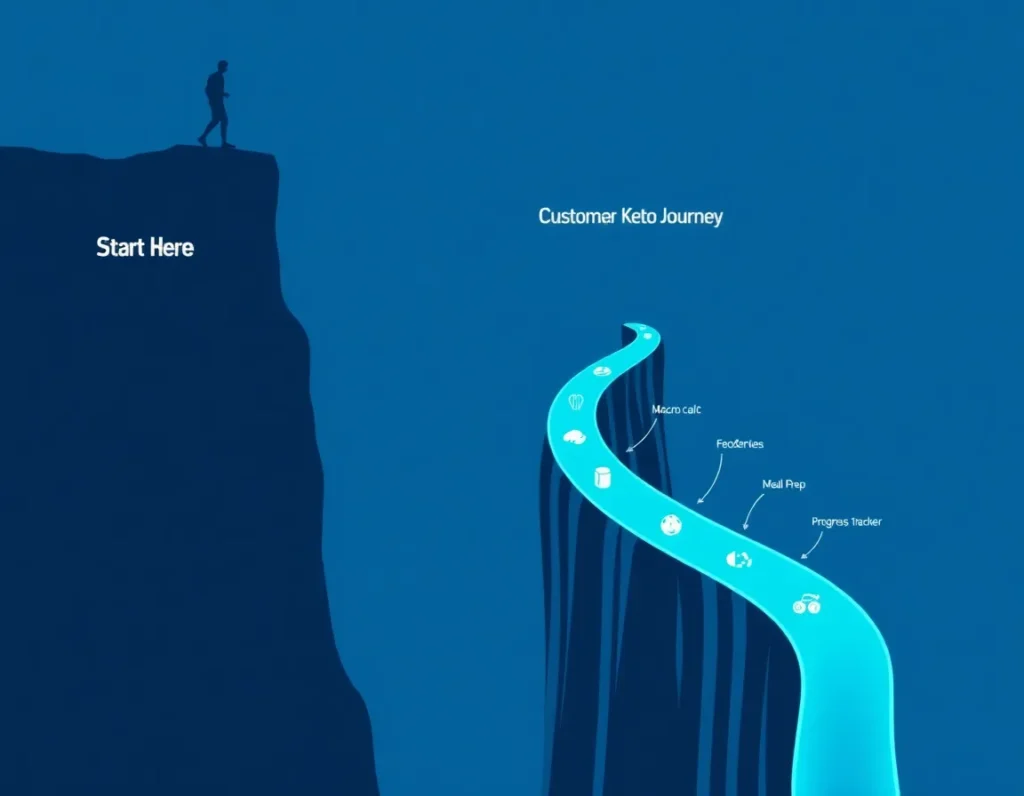 A person standing at the edge of a cliff labeled “Start Here,” looking down at a winding path below labeled “Custom Keto Diet”—with icons along the path: macro calc, food preferences, meal prep, progress tracker. A glowing blue bridge forms beneath their feet as they step forward.
