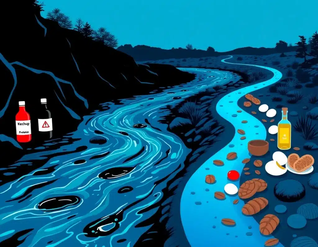 A dark, murky river flowing with hidden dangers: bottles labeled “Ketchup,” “Protein Bar,” “Soybean Oil,” “Gluten-Free Bread,” “Sucralose”—each with a red warning symbol. A glowing blue path beside it shows whole foods: butter, nuts, eggs, olive oil.
