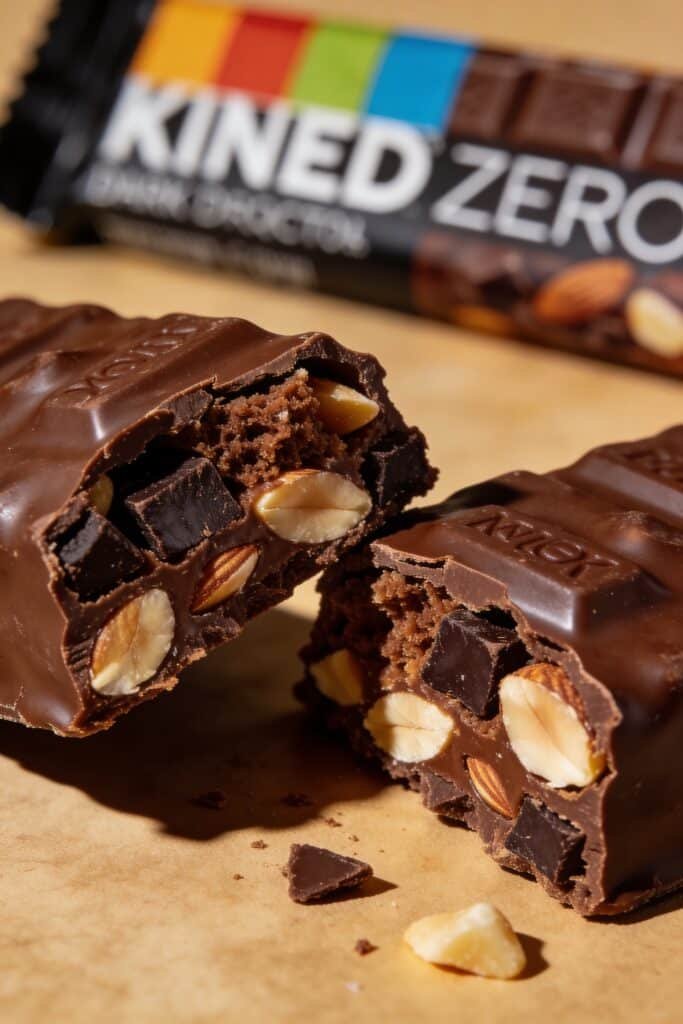 Close-up macro photography of KIND ZERO Dark Chocolate bar broken in half showing internal texture. Shows nut pieces, chocolate chunks, and dense bar structure. Dramatic lighting, food photography, 45-degree angle.