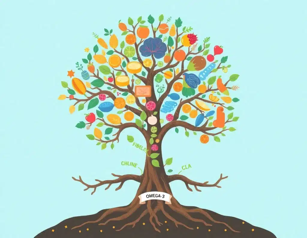 A nutrient tree with roots labeled “Omega-3,” “Choline,” “Fiber,” “Potassium,” “CLA”—each root feeds into a trunk made of layered food icons. Leaves are shaped like tiny health icons: brain, heart, muscle.
