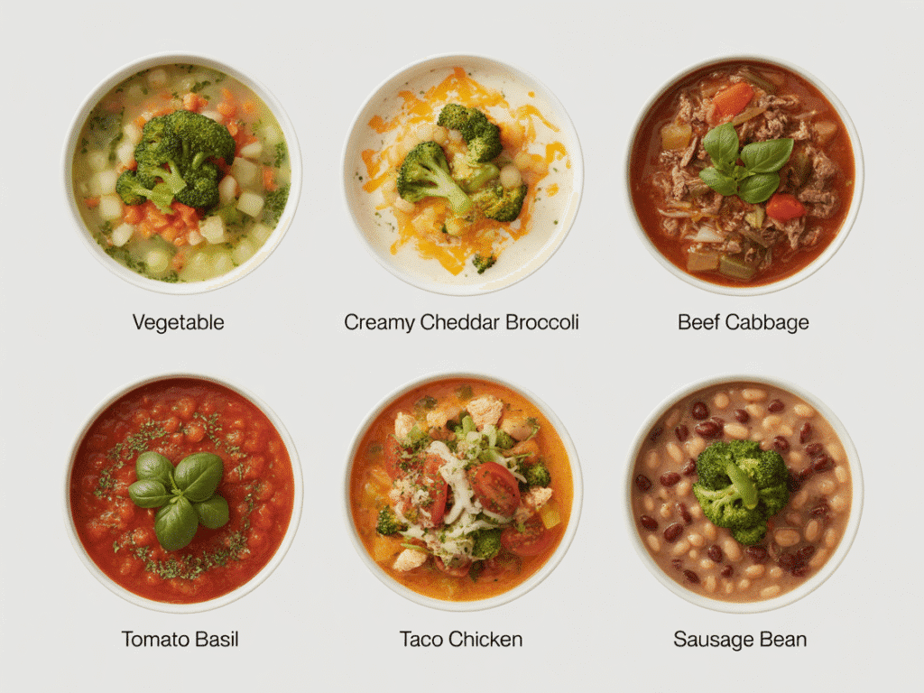 A top-down view of six small bowls, each with a different soup style: vegetable, creamy cheddar broccoli, beef cabbage, tomato basil, taco chicken, and sausage bean. 14 Day Soup Diet