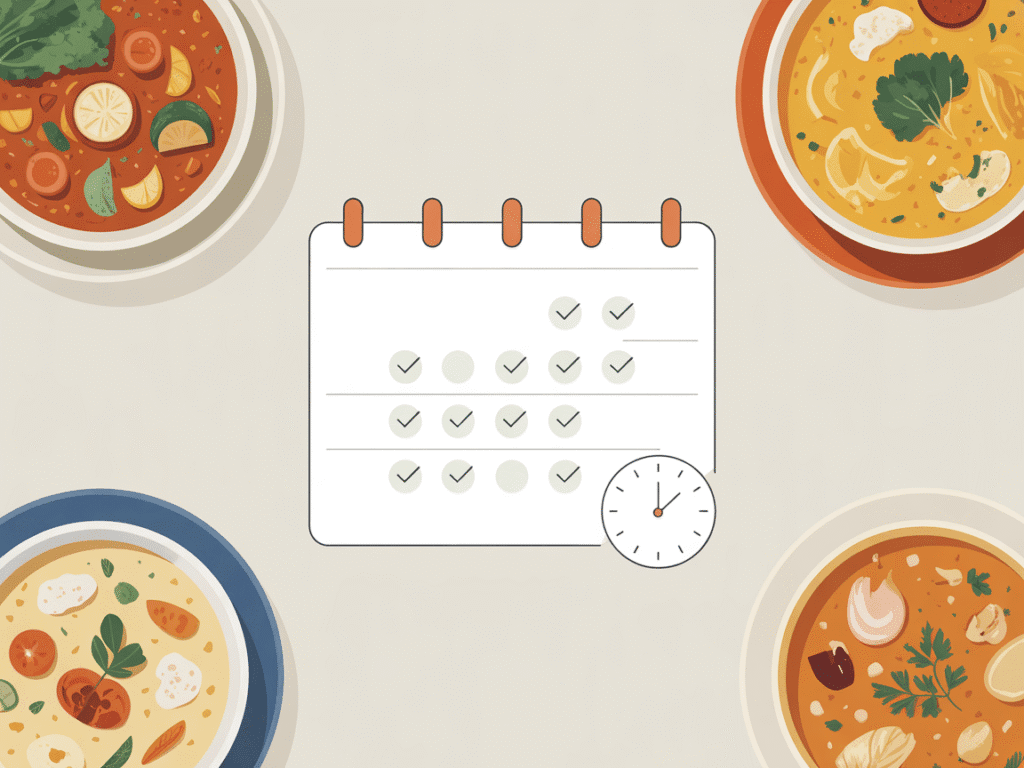 A minimalist calendar visual showing 14 days marked off with checkmarks, surrounded by illustrated soup bowls of different varieties - vegetable soup, creamy soup, and broth-based soup. Each bowl features distinct ingredients visible (vegetables, proteins, herbs). A simple clock icon suggests time efficiency. Clean, organized layout emphasizing the two-week structure. 14 Day Soup Diet