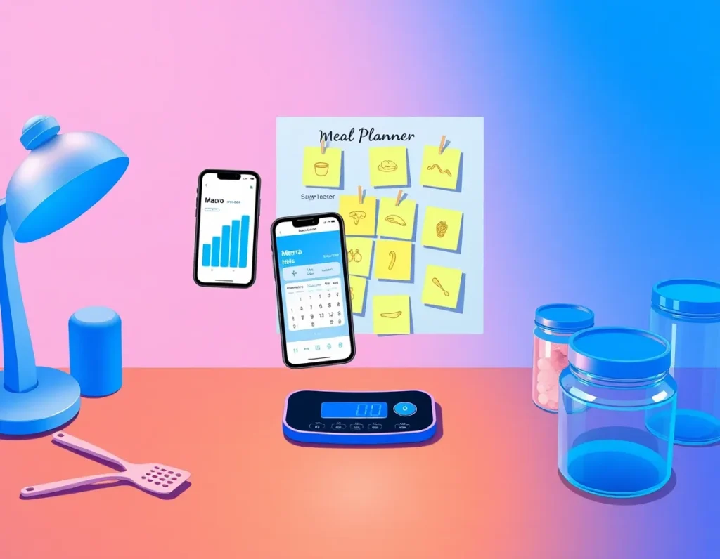 A desktop setup with three floating digital tools:
A calculator with macro bars
A phone showing Cronometer app
A printed meal planner pinned to a board with sticky notes shaped like food icons
All glowing softly in blue, surrounded by silicone spatula, digital scale, and glass containers. Custom Keto Diet 