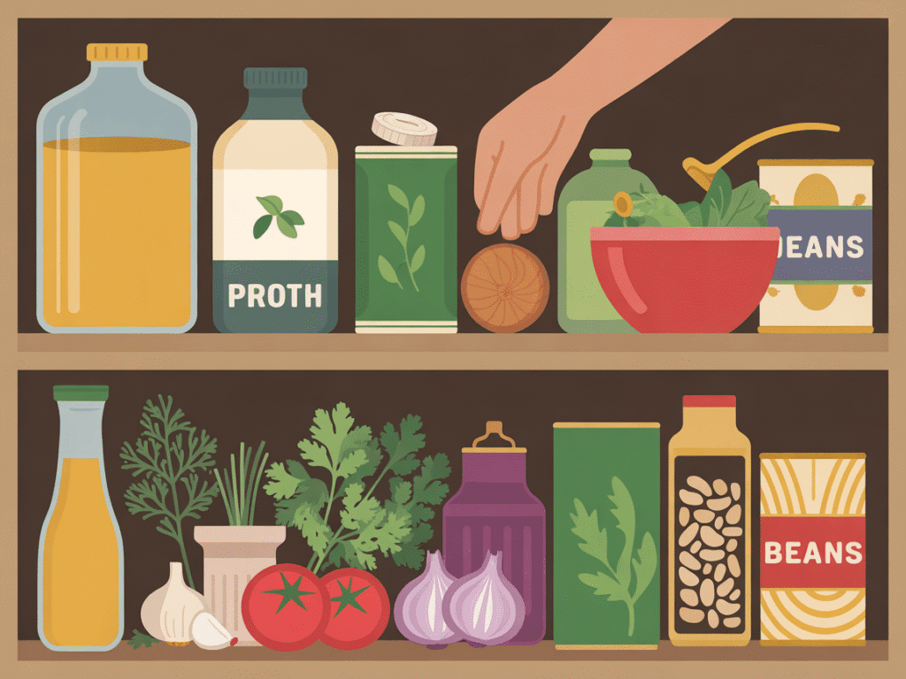 A pantry shelf filled with basic soup staples like broth, canned tomatoes, onions, garlic, herbs, and beans. A hand reaches in to grab ingredients, symbolizing preparation and ease.
