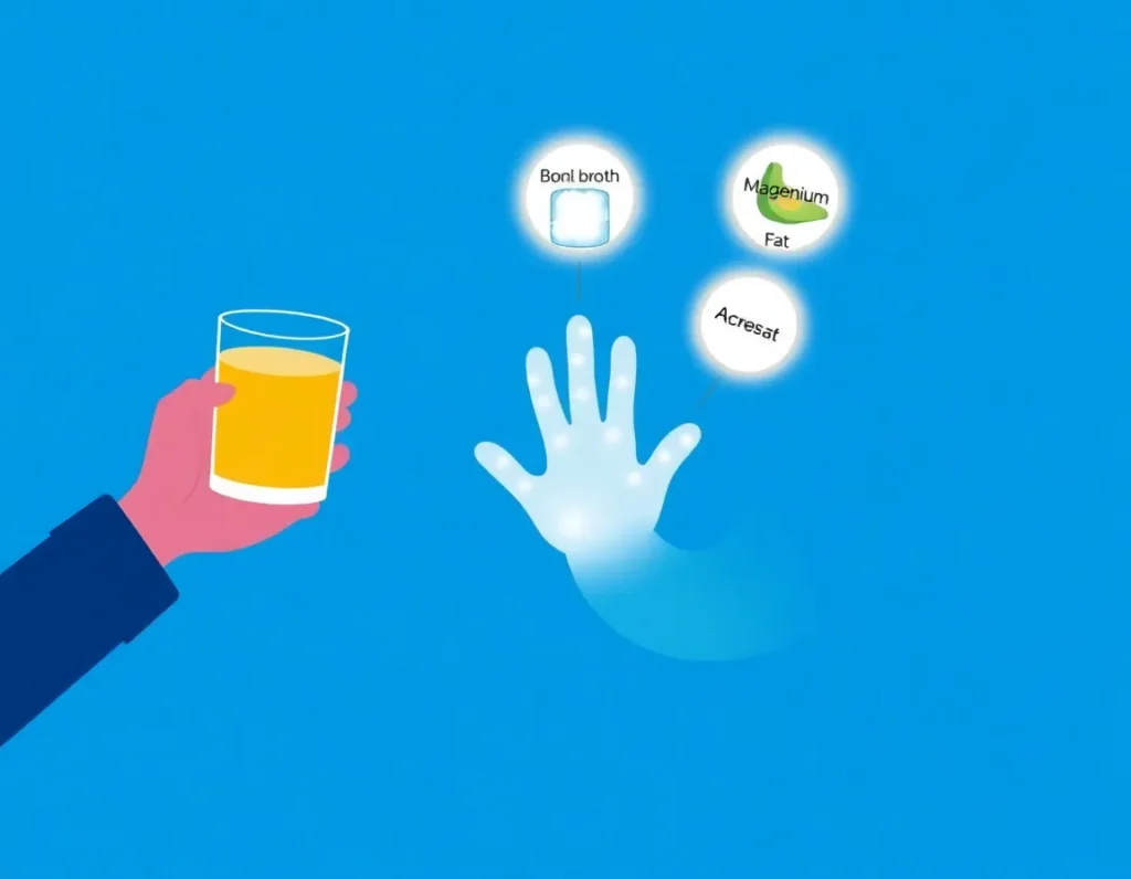 A person feeling “hungry” with a ghostly hand reaching for food—but instead of snacks, they’re drinking bone broth, adding salt, and eating avocado. Three glowing icons hover: Sodium, Magnesium, Fat. Background: calm blue haze. Custom Keto Diet

