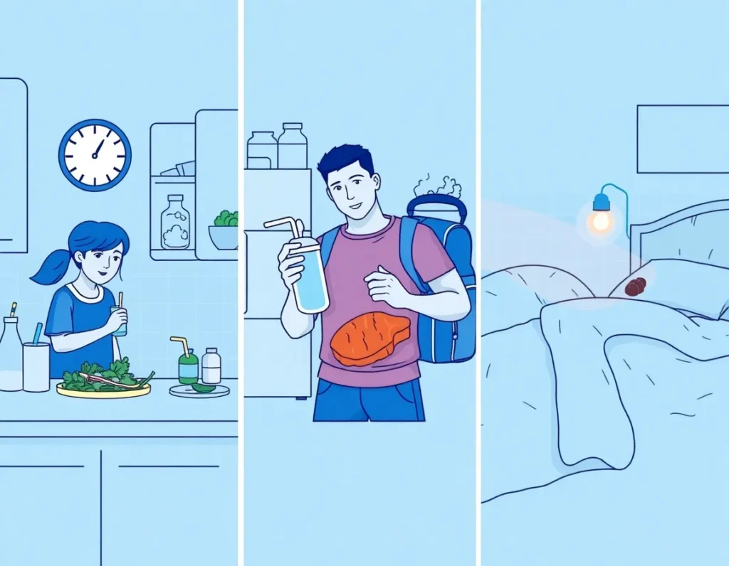 Three distinct kitchen scenes in one panel:
Left: Busy parent, 15-min meal with pre-cooked chicken and pre-washed greens. Clock shows 4:30 PM.
Middle: Athlete with protein shake, steak, and MCT oil bottle, gym bag nearby.
Right: Evening craver with dark chocolate and fat bombs on a nightstand, cozy lighting.
All in cool blue tones, connected by a faint blue thread. Custom Keto Diet
