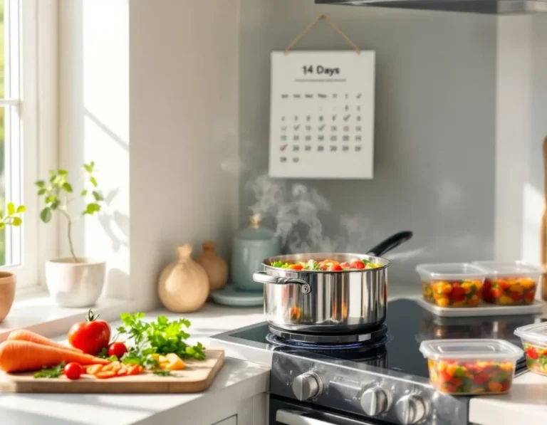 A warm, inviting kitchen scene showing a large steaming pot of colorful vegetable soup on a modern stovetop, surrounded by fresh ingredients like chopped carrots, leafy greens, cherry tomatoes, and herbs on a wooden cutting board. In the background, a simple wall calendar showing "14 Days" with checkmarks. The composition includes meal prep containers filled with portioned soups ready to store. The atmosphere is bright, clean, and motivating, conveying the simplicity and accessibility of soup-based meal planning. Natural lighting streams through a window, creating a cozy, achievable feeling.