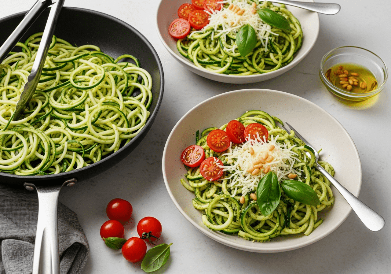 Final plated Zucchini Noodles with Pesto Recipe, topped with cherry tomatoes and parmesan, aesthetic Italian cafe style.