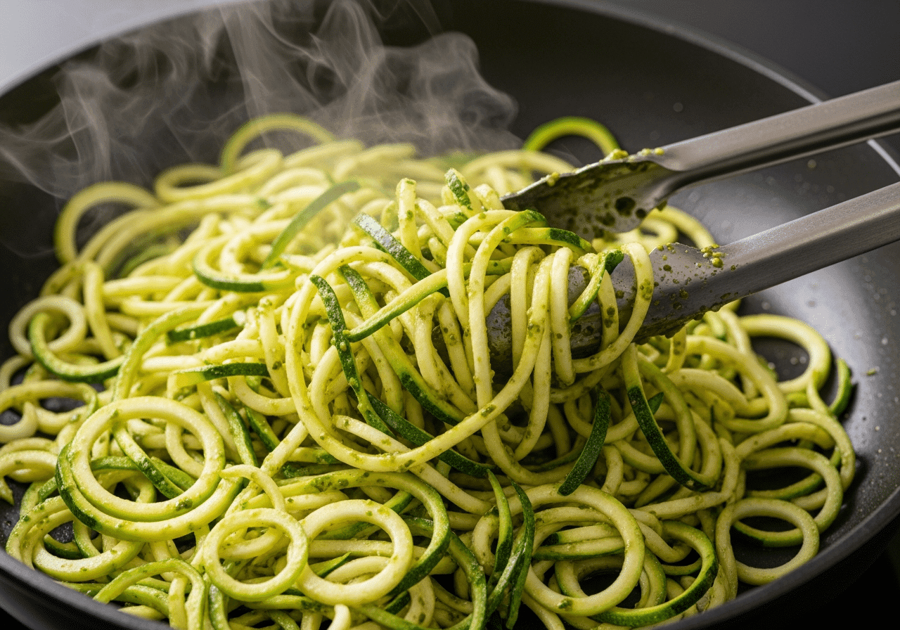 Tongs mixing bright green pesto into a pile of steaming zucchini noodles in a black pan.