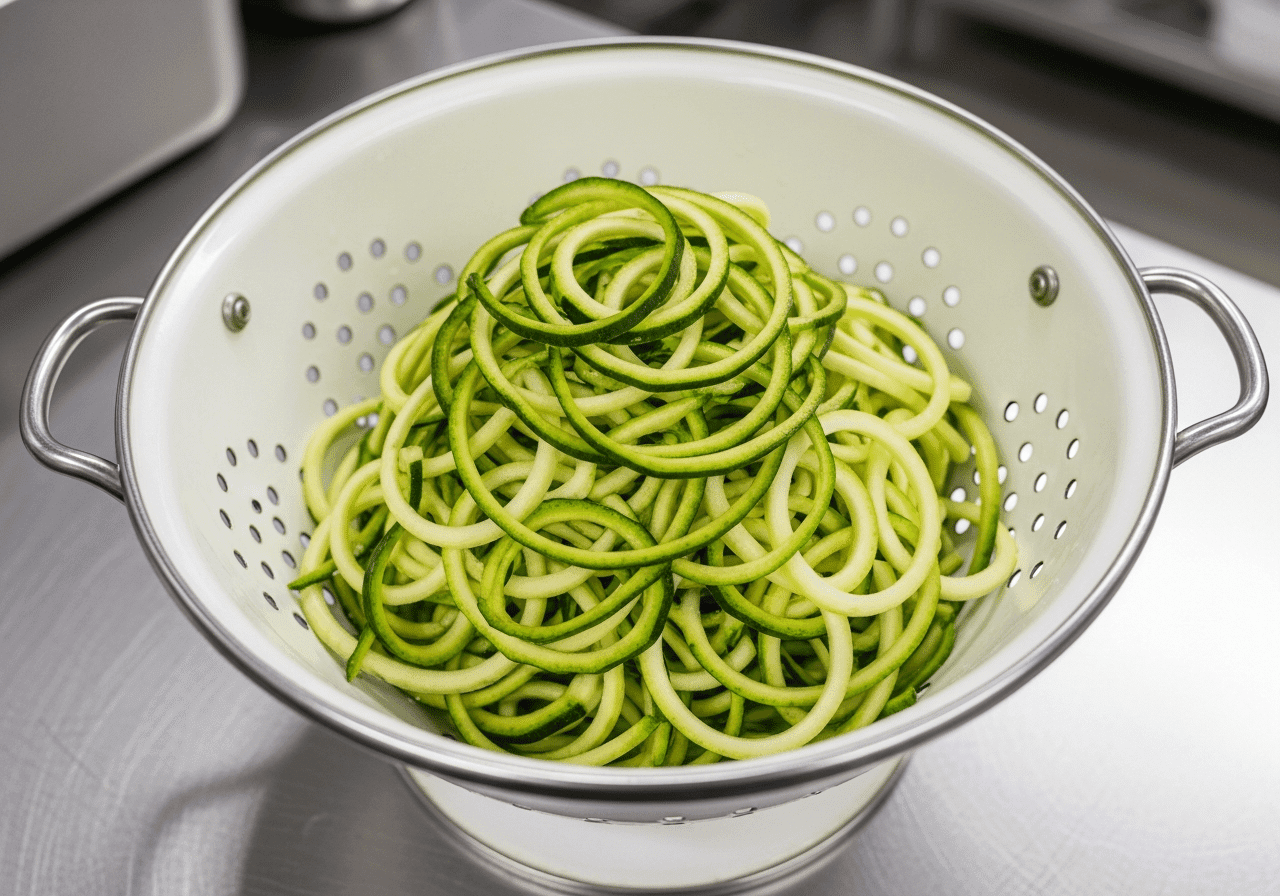 A top-down view of fresh green zucchini noodles in a white colander, professional kitchen setting, bright lighting.