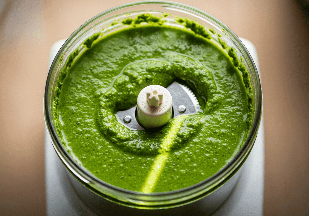 Vibrant green basil pesto inside a food processor jar, smooth and glossy texture, professional food photography.