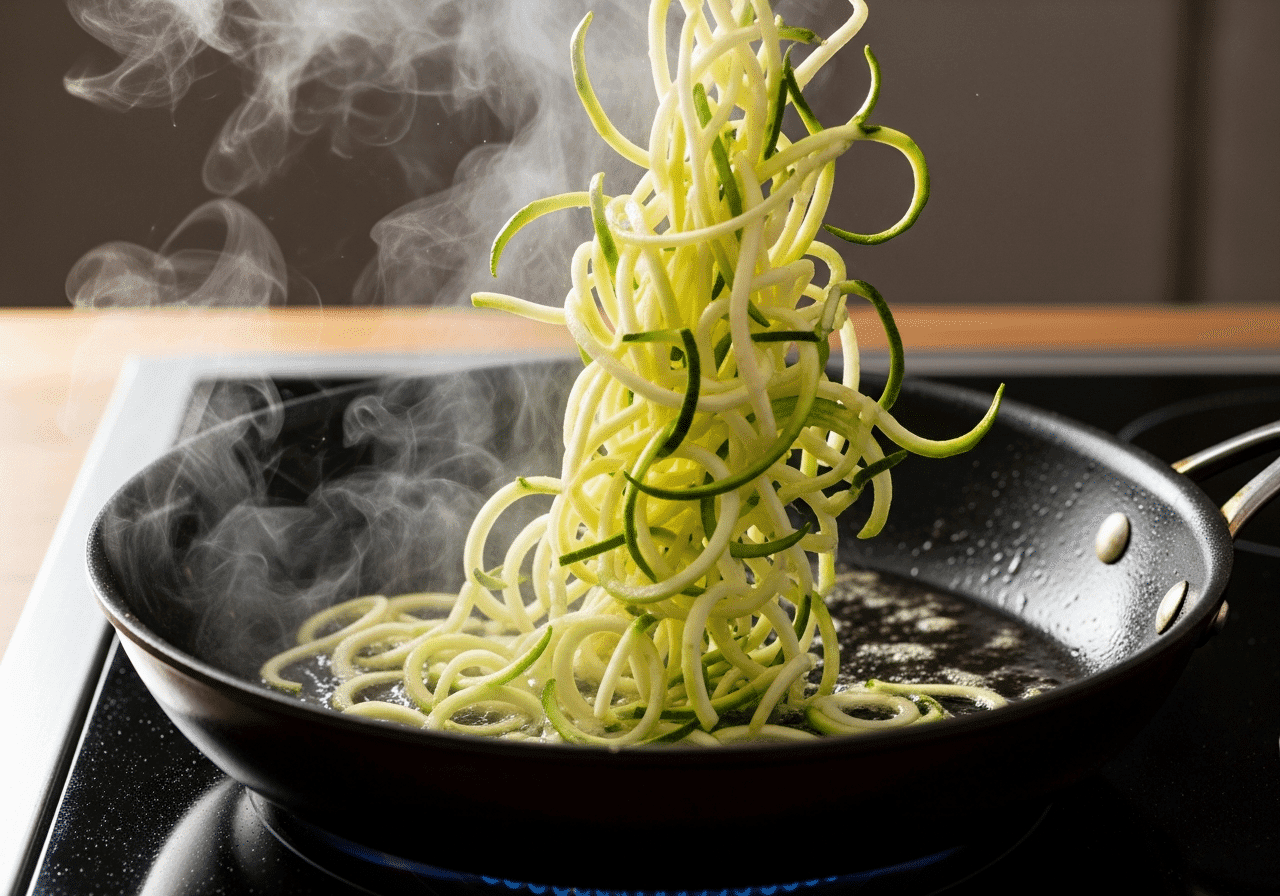 Zucchini noodles being tossed in a hot skillet with shimmering butter, steam rising, action shot.