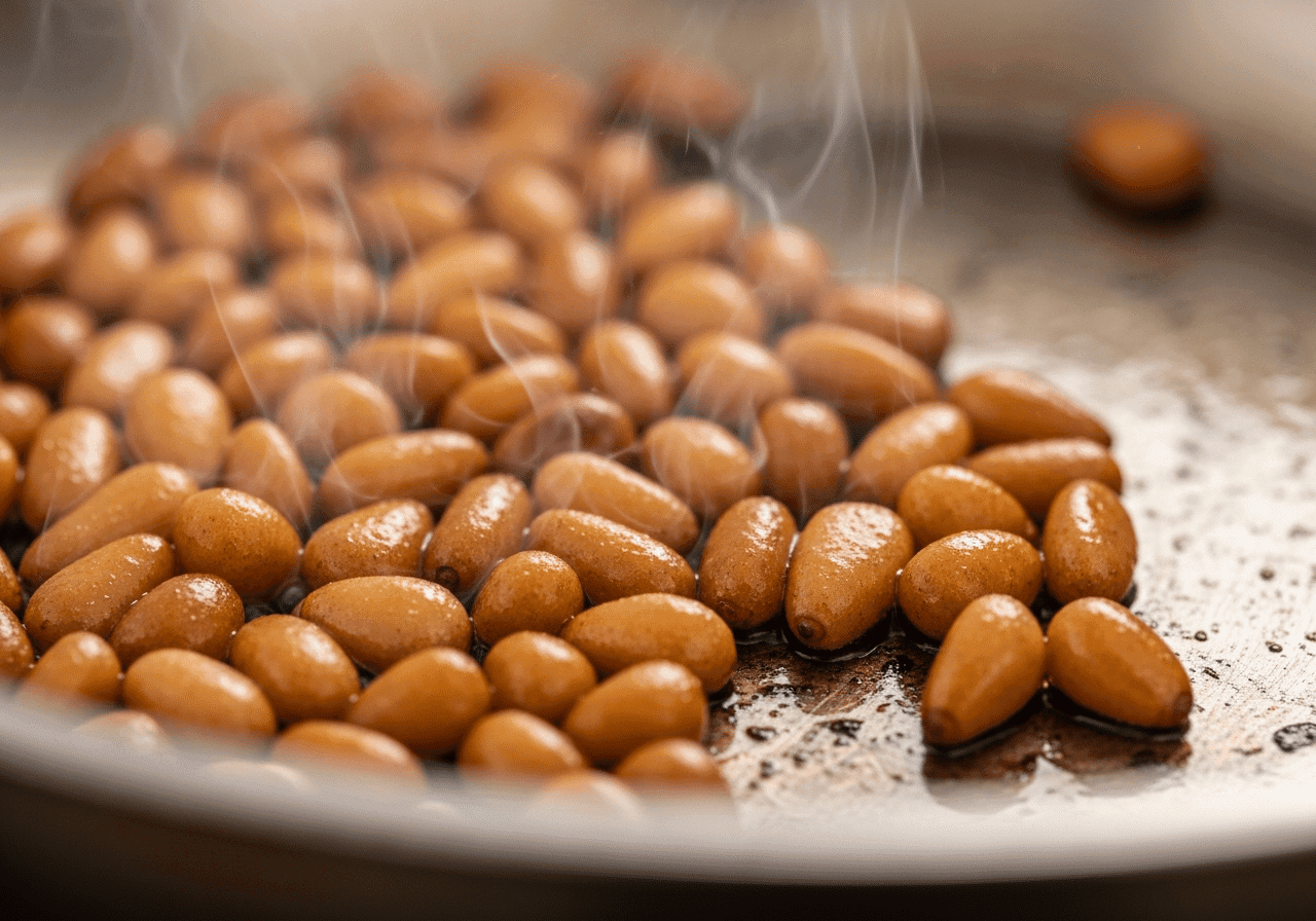 Macro shot of golden-brown pine nuts sizzling in a stainless steel pan, shallow depth of field.
