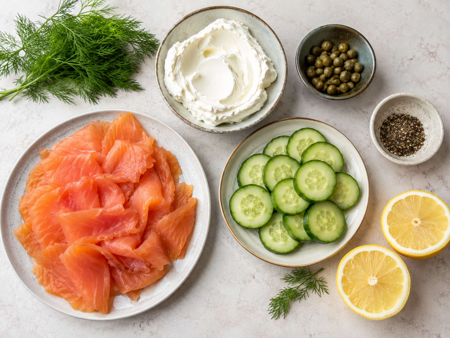 Ingredients for keto smoked salmon cucumber bites including cream cheese, dill, lemon, and capers