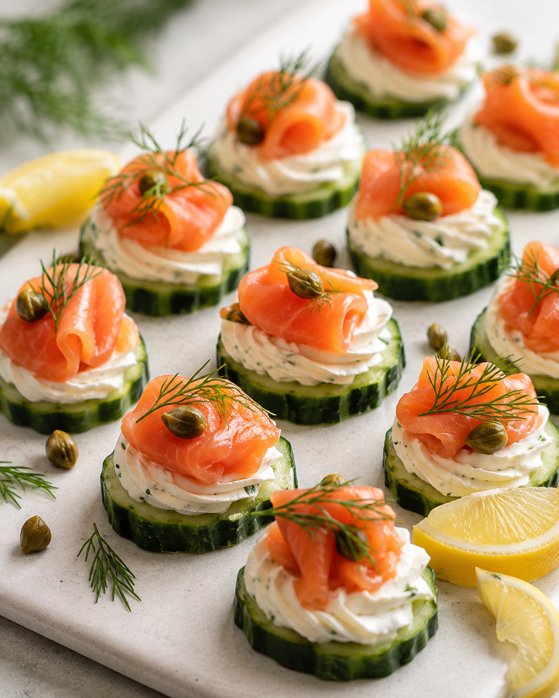 Keto smoked salmon cream cheese bites with cucumber, dill, lemon, and capers.