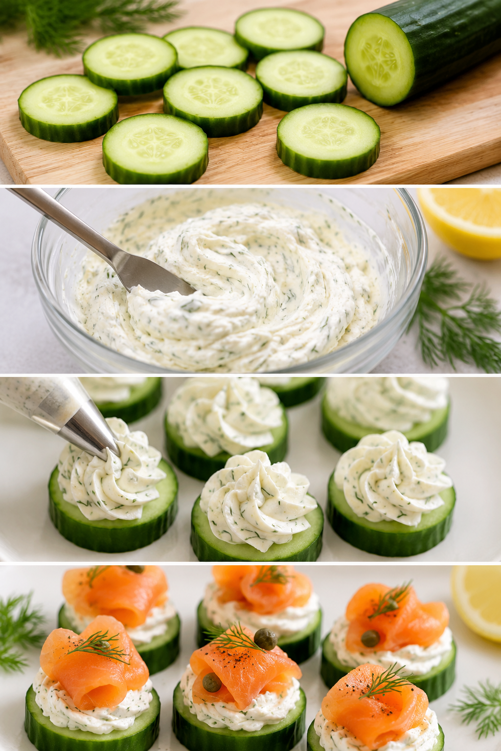 Step-by-step preparation of keto smoked salmon cream cheese cucumber bites