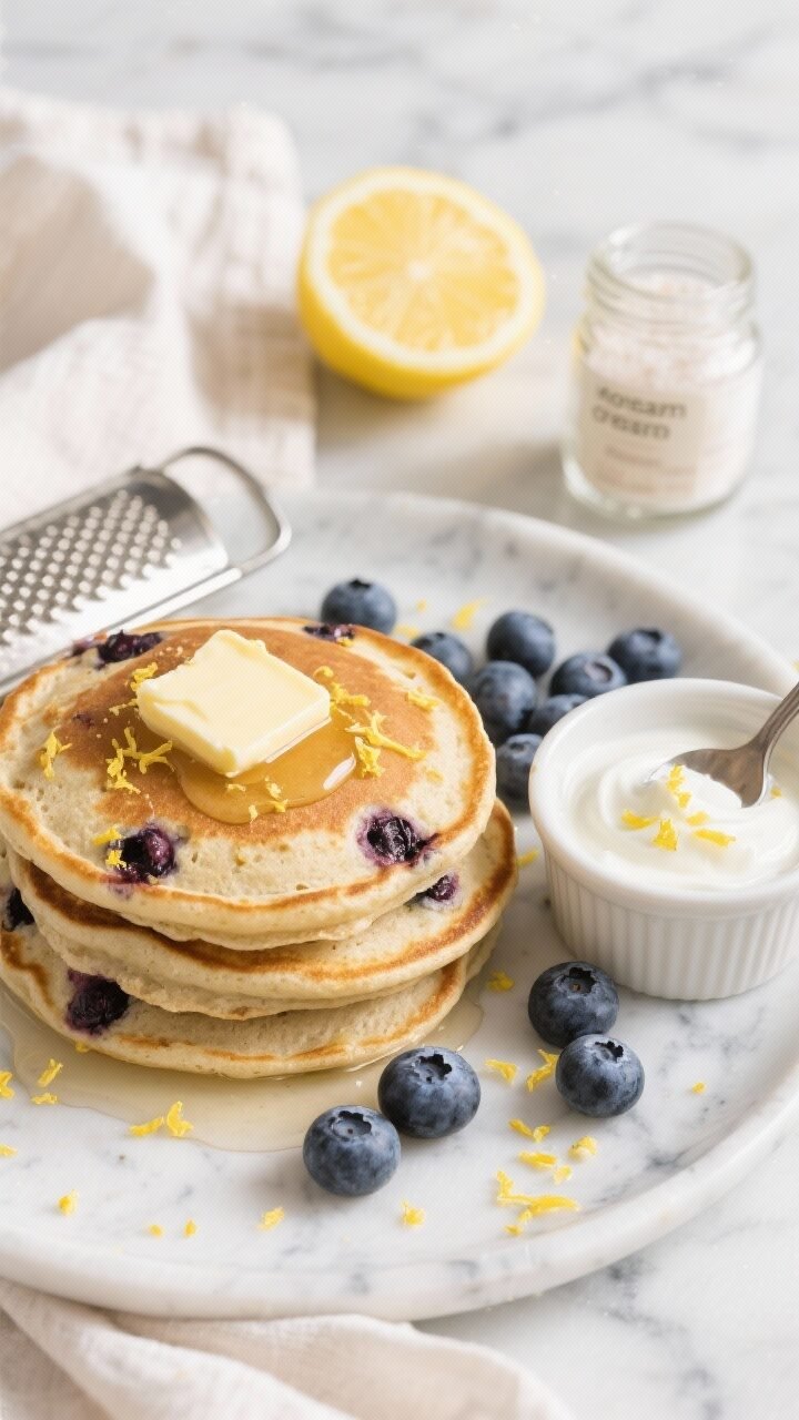 45-degree plated presentation of lemon-blueberry keto pancakes: thick almond flour pancakes studded with juicy blueberries, speckled with bright lemon zest, lightly golden and fluffy, topped with a pat of butter and a drizzle of sugar-free syrup; include a side ramekin of quick lemon “cream” (Greek yogurt mixed with zest and sweetener) with a spoon mark, scattered fresh blueberries, a microplane with zest remnants, a halved lemon showing vibrant pulp, and a small jar of granulated monk fruit/erythritol; soft spring brunch vibe on a marble surface with pale linen, natural daylight