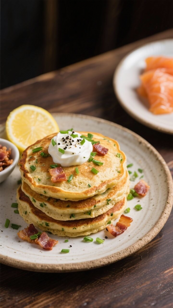 45-degree savory plated shot of herb pancakes with bacon and chives: golden almond flour pancakes flecked with chives and parsley, bits of crispy chopped bacon visible, stacked loosely and topped with a dollop of sour cream, extra chives, and cracked black pepper; set with accompaniments: lemon wedge, small dish of additional bacon, and a side plate with smoked salmon as an optional topping; warm, brunch-forward styling on a rustic stoneware plate over a dark wood table, natural side light highlighting herb flecks and crisp edges, no sweets in frame to keep the savory mood