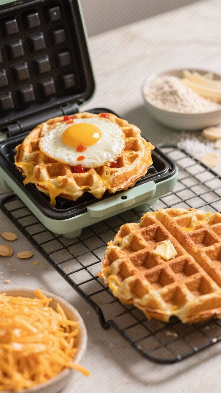 A 45-degree close-up of a Classic Cheddar chaffle fresh off a mini waffle maker: deep golden, ultra-crisp edges, tender interior, faint cheese frico lace where shredded cheddar hit the iron. One chaffle topped with a glossy sunny-side-up fried egg and a few dashes of hot sauce; the second chaffle rests on a cooling rack to emphasize crisping. Visible ingredients styled nearby: a mound of shredded sharp cheddar, a little bowl of super-fine almond flour, grated Parmesan, baking powder pinch, and coarse salt. Greased, open mini waffle maker in the background with a light sheen of butter. Warm, savory mood with directional side lighting to highlight texture and crunch.