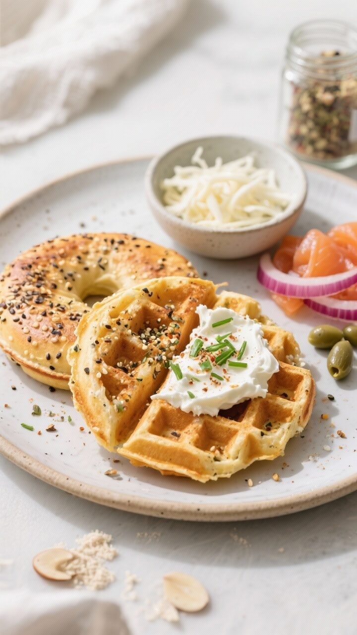 A 45-degree plated shot of Everything Bagel Chaffles with cream cheese schmear: two golden chaffles speckled with everything bagel seasoning and onion powder, lightly crisp edges. One chaffle is split and generously spread with smooth cream cheese mixed with chives; extra sprinkle of everything seasoning on top. Optional deli-style garnishes on the side: thin red onion slices, capers, and a small dish of smoked salmon to hint at a lox-and-bagel moment. Clean, modern styling on a light ceramic plate with a small bowl showing the chive schmear, plus visible ingredients: mozzarella shreds, almond flour, and a jar of everything seasoning. Bright, morning café lighting to highlight savory, toasty notes.