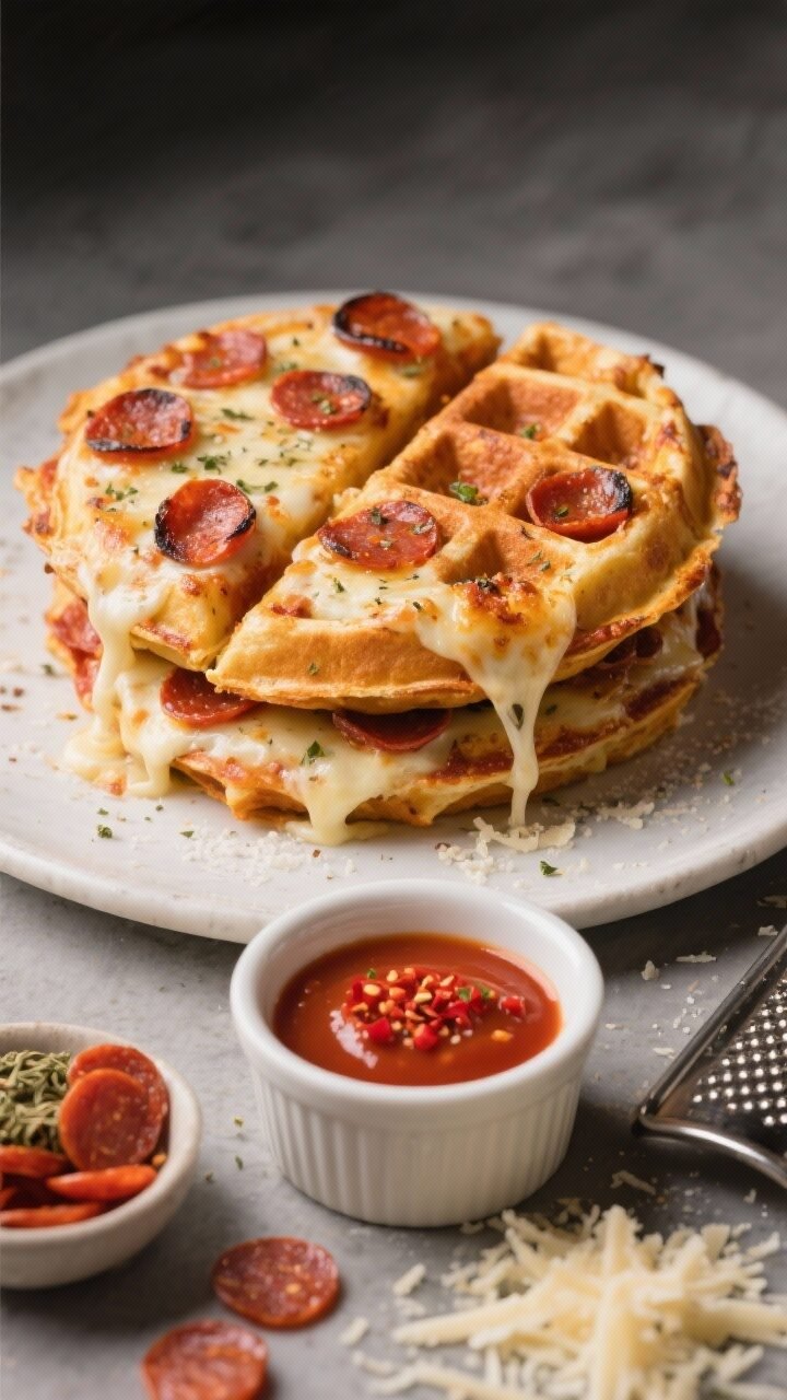 A straight-on hero shot of Pepperoni Pizza Chaffles: stack of two crisp, richly golden chaffles studded with melted mozzarella, flecks of Italian seasoning, and tiny pepperoni cups charred at the rims. One chaffle is cut into quarters and fanned out, showing gooey mozzarella strands and tomato-tinted interior from sugar-free marinara. A ramekin of warm marinara for dipping, sprinkled with red pepper flakes, sits in front; grated Parmesan dusting on top. Props include a small pile of mini pepperoni, a pinch bowl of Italian seasoning, and a microplane with Parmesan rind. Saturated, pizza-parlor mood with directional light to emphasize cheese crust and crisp edges.