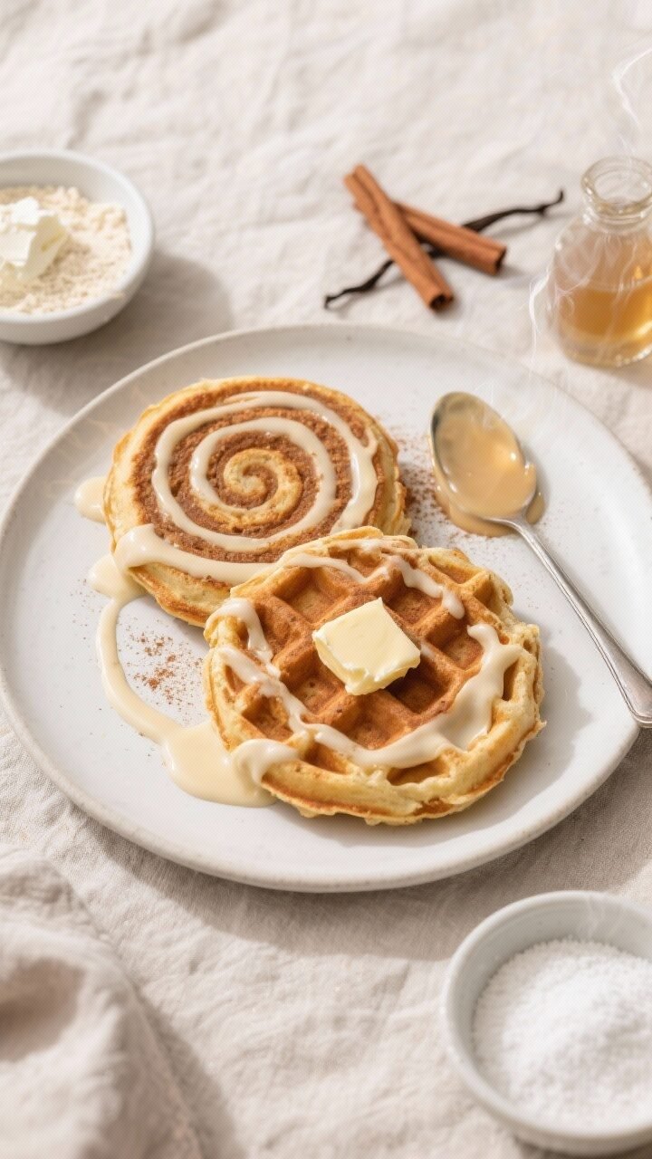 An overhead flat lay of Cinnamon Roll Sweet Chaffles with vanilla glaze: two warm, lightly golden chaffles on a matte white plate, thick glossy vanilla glaze drizzled in ribbon swirls, a pat of melting butter on one, cinnamon dusting on top. Small bowls around the plate show key ingredients: almond flour, softened cream cheese, granular erythritol/monk fruit, powdered sweetener for the glaze, cinnamon, vanilla extract. A spoon with remaining glaze and subtle steam rising from the chaffles for a cozy brunch vibe. Neutral linen, soft morning light, warm tones emphasizing fluffy texture and cinnamon swirls.