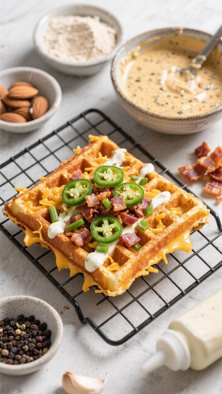 An overhead process-to-plate scene for Jalapeño Popper Chaffles: one chaffle on a wire rack deeply golden with crisp cheese edges, drizzled with ranch; garnished with thin fresh jalapeño rounds, crumbled bacon, and a few scallion slices. Nearby, a small mixing bowl holds the thick, speckled batter (visible cheddar shreds, diced jalapeño, bacon bits, cream cheese). Ingredient bowls arranged around: almond flour, baking powder, garlic powder, black pepper. A squeeze bottle of ranch and extra bacon crumbles to the side. Bold, spicy-snack mood with punchy contrast and highlights emphasizing crunchy-cheesy texture and creamy drizzle.