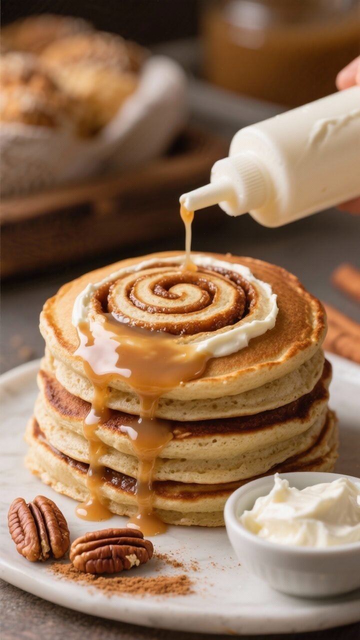 Close-up, straight-on shot of cinnamon roll swirl pancakes on a stack: thick almond flour pancakes with a glossy, gooey spiral of brown-style erythritol-cinnamon filling caramelized into the surface, generously drizzled with silky cream cheese glaze; include a squeeze bottle with remaining cinnamon swirl, a small bowl of softened cream cheese mixture, and a pinch dish of ground cinnamon; optional garnish of a few chopped pecans sprinkled on top; set in a cozy bakery-inspired scene with warm tones, shallow depth of field highlighting the swirl texture and glaze sheen