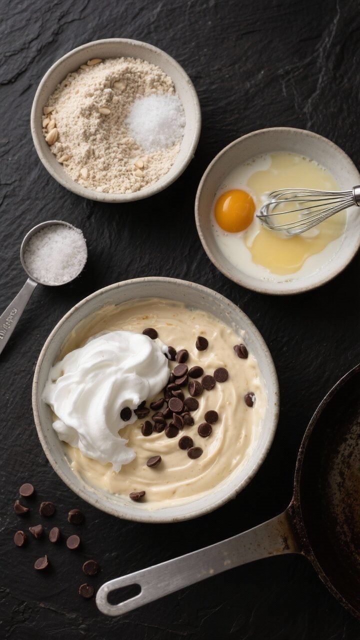 Overhead ingredient-to-batter process shot for chocolate chip cloud pancakes: bowls arranged on a dark slate surface showing (1) blanched almond flour and coconut flour with baking powder and salt, (2) whisked egg yolk mixture with unsweetened almond milk, melted butter, granulated erythritol/monk fruit, vanilla, and a pinch of espresso powder, (3) freshly whipped egg whites at soft peaks ready to fold; a final mixing bowl with airy batter gently folded with keto chocolate chips; include a measuring scoop (1/4 cup), a greased skillet preheating, and a few scattered chocolate chips; moody light emphasizing airy textures and glossy chips