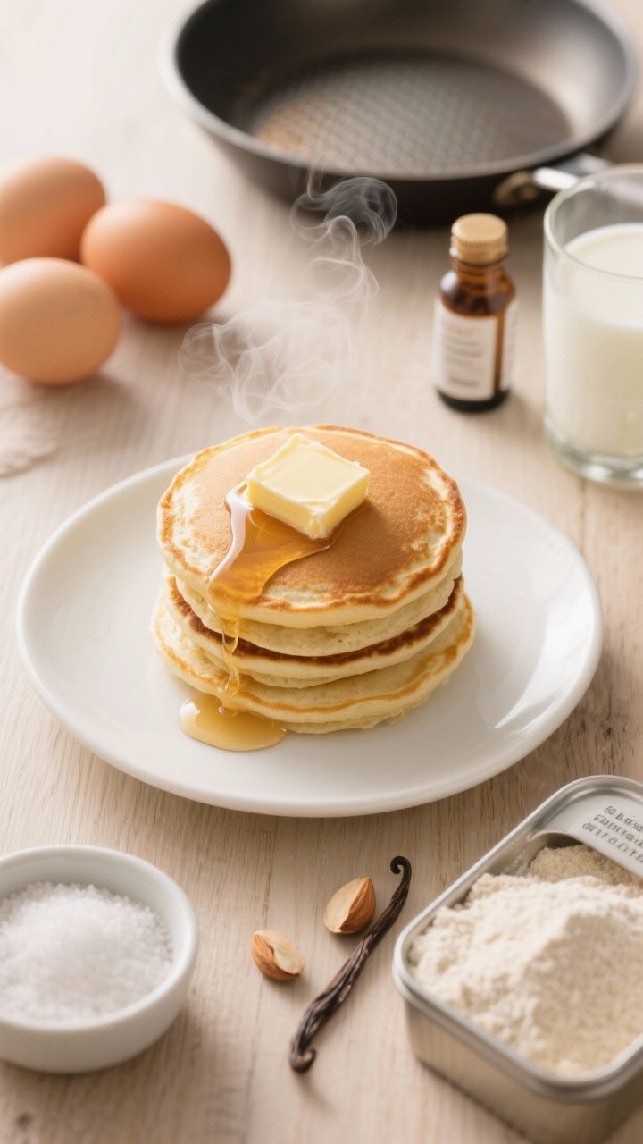 Overhead shot, classic diner-style almond flour keto pancakes stacked on a white ceramic plate with crisp golden edges and fluffy interiors, a pat of melting butter on top, drizzle of sugar-free syrup cascading down, with a small bowl of granulated erythritol/monk fruit and a vanilla extract bottle nearby; include visible ingredients and tools in the scene: blanched almond flour, coconut flour, baking powder tin, fine sea salt pinch dish, unsweetened almond milk in a glass, three large eggs, and a butter-brushed nonstick skillet in the background; warm morning light on a neutral wood surface, clean minimalist styling, steam subtly rising