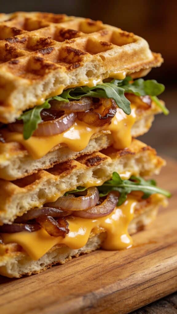 Photograph a savory chaffle being used as a sandwich bun, show the cross-section with layers.