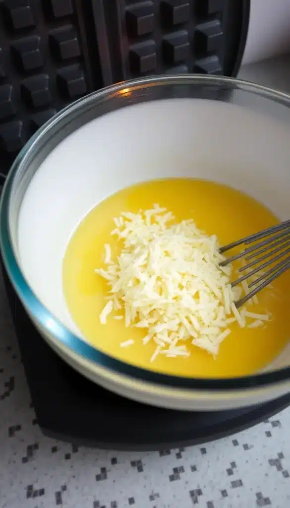 Take a close photo of a mixing bowl with beaten egg and shredded cheese, show the texture before cooking. Include the waffle iron preheating light in the background.