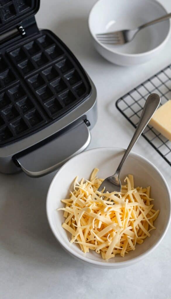 Work-in-Progress photo instruction:
Lay out the waffle maker, a small bowl with a fork, a pile of shredded cheese, and a cooling rack. Make it look like a real weekday setup.