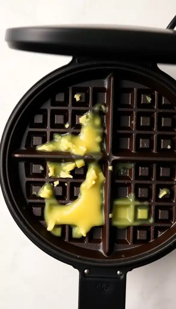Shoot a top-down photo of a waffle iron open, with batter just poured in. You should see cheese shreds and beaten egg pooling in the grids.
