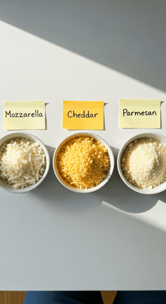 Work-in-Progress photo instruction:
Photograph three small bowls side-by-side, each with a different cheese (mozzarella, cheddar, parmesan). Add labels on sticky notes.