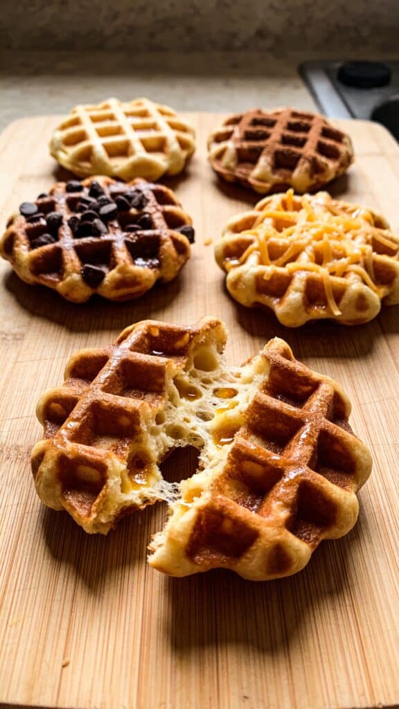 Work-in-Progress photo instruction:
Take a photo of four finished chaffles on a cutting board, one of each style, then tear one open to show crumb.
