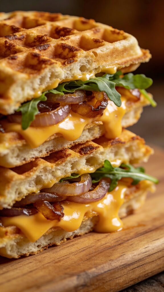 Photograph a savory chaffle being used as a sandwich bun, show the cross-section with layers.