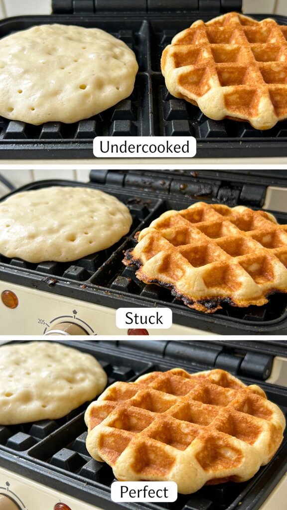 Work-in-Progress photo instruction:
Create a collage-style shot, one undercooked pale chaffle, one stuck to the iron, and one perfect golden one. Keep it honest.