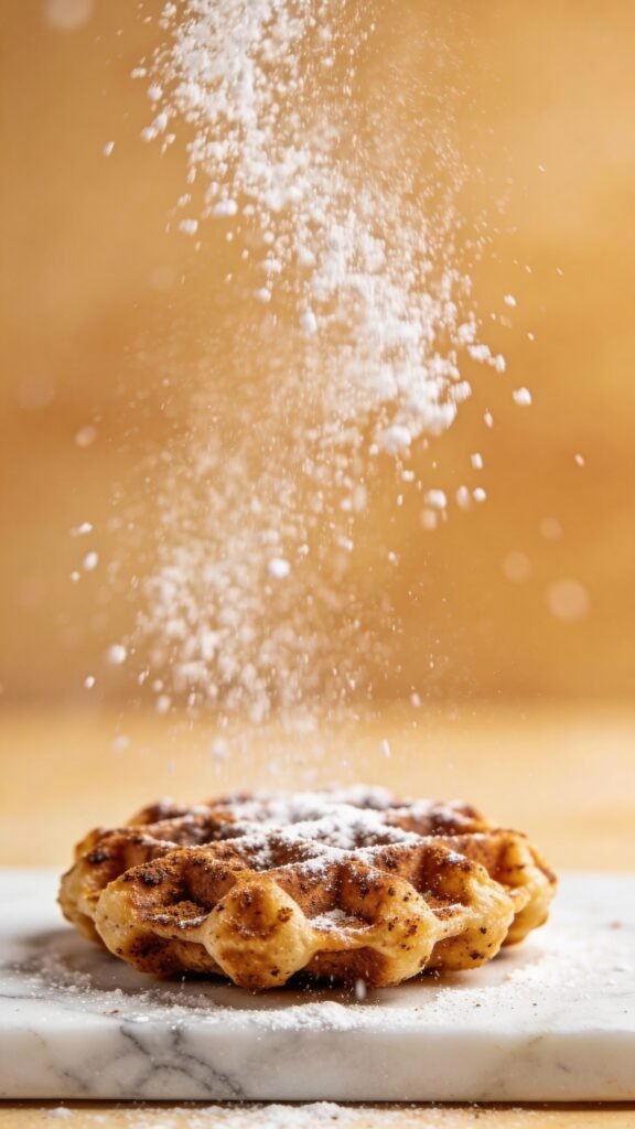 Work-in-Progress photo instruction:
Photograph a cinnamon sweet chaffle being dusted with powdered sweetener. Capture the “snowfall” mid-air.