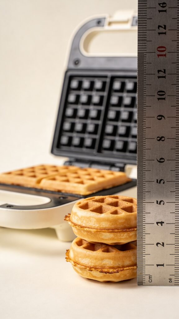 Photograph a mini waffle maker next to a ruler or hand for scale, plus two mini chaffles stacked like buns.