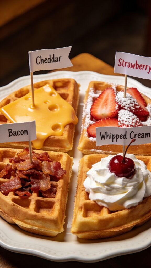 Photograph four chaffle quarters on a plate, each with a different topping, label them with small paper flags.